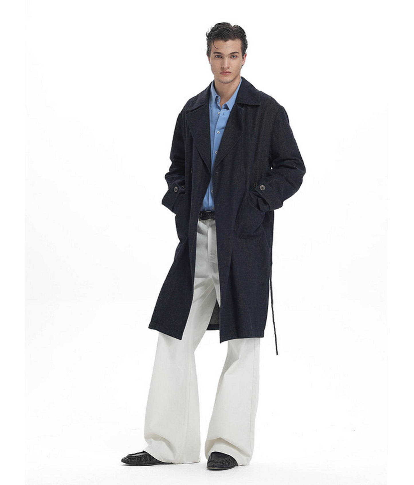 Linen-Blend Denim Trench Coat　