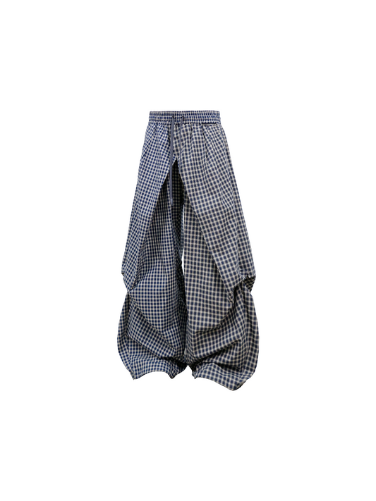 Asymmetrical Cross-Check Ripple-Pleated Casual Pants