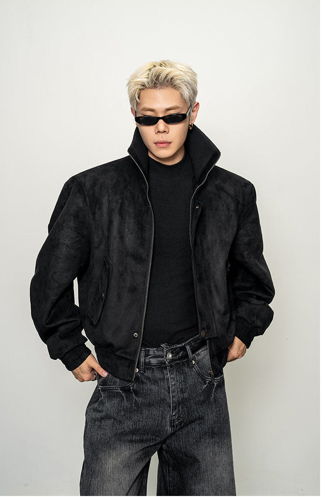 Suede Rib High-Neck Short Jacket