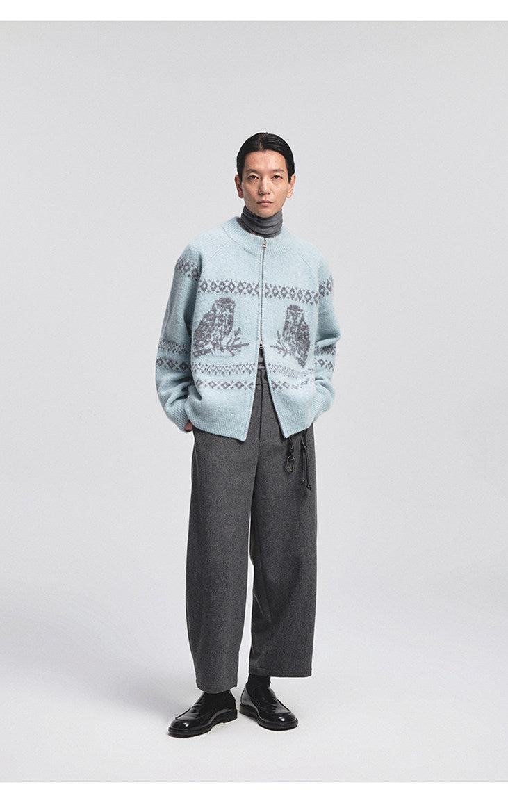 Vintage Animal Jacquard Zipper Cardigan