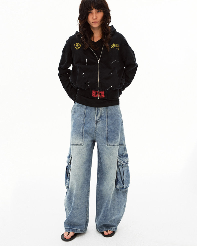 Large-Pocket Washed Jeans