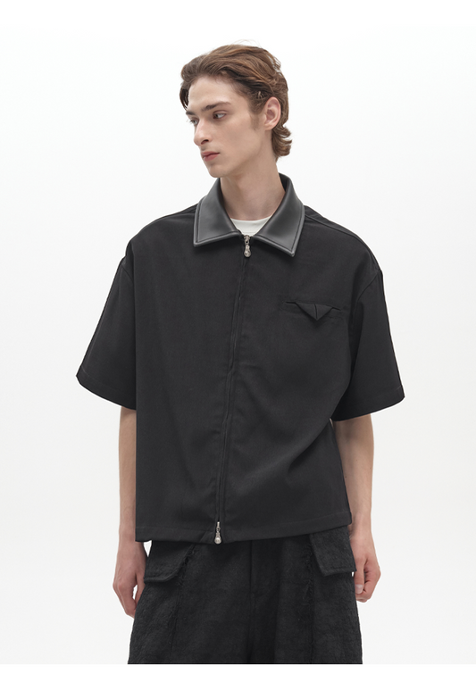 Leather collar zipper shirt