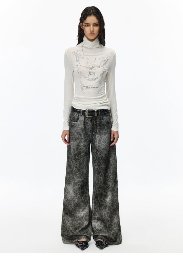 Leopard print wash wide leg jeans