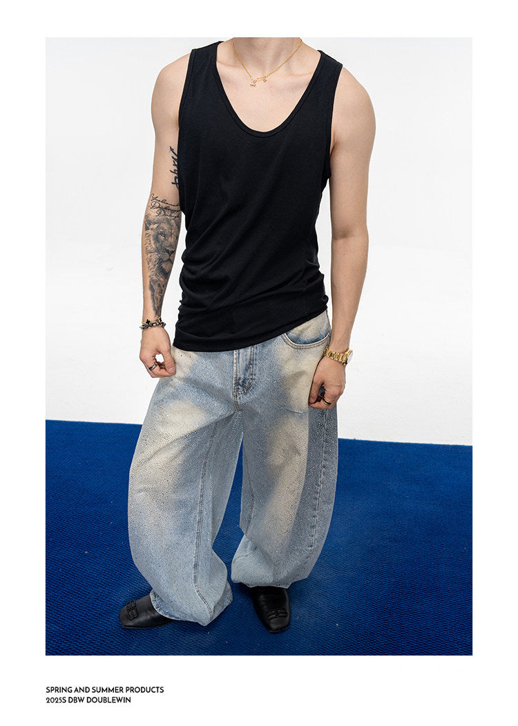 Wash-Finish Wide-Leg Casual Jeans
