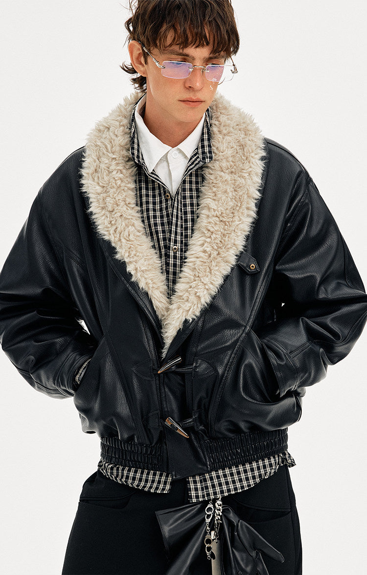 Horn Button Fur Collar Leather Jacket