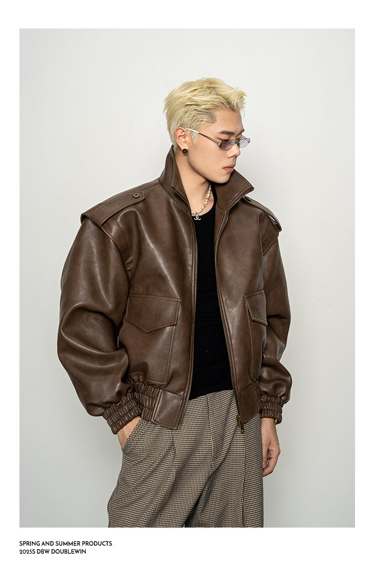 Wide-Shoulder High-Neck Leather Jacket