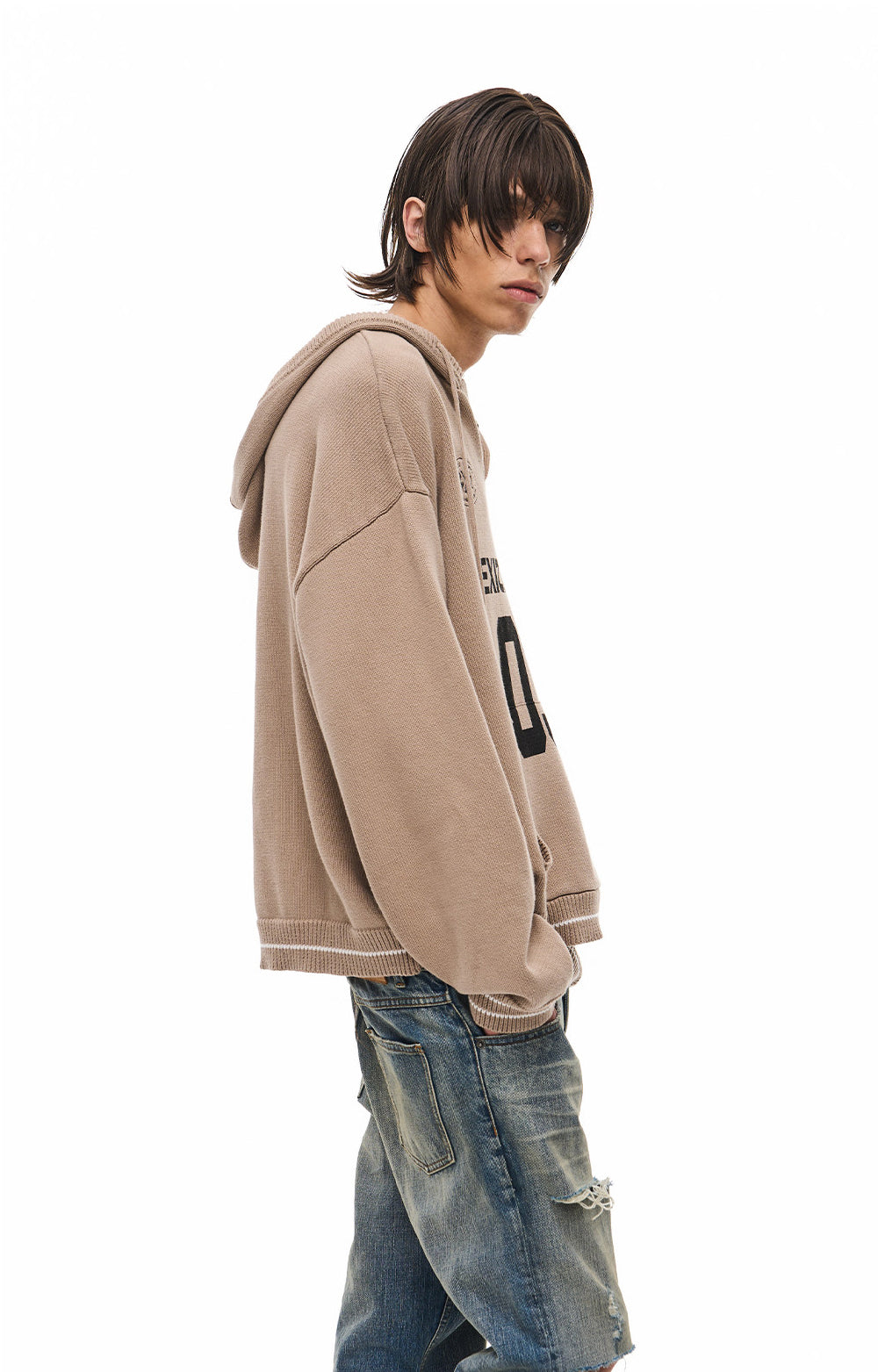 V-Neck Sweater with Embroidered Hood