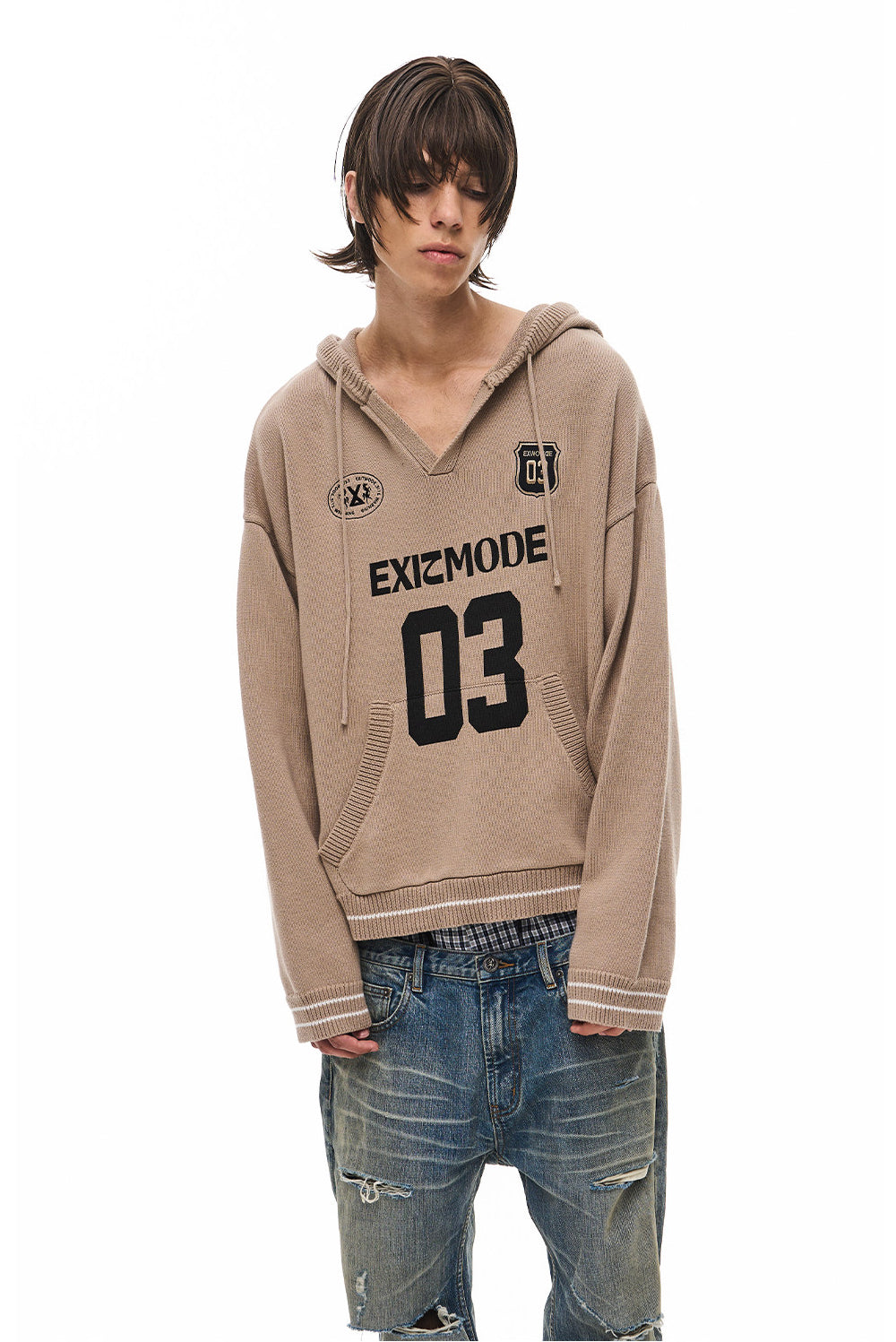 V-Neck Sweater with Embroidered Hood