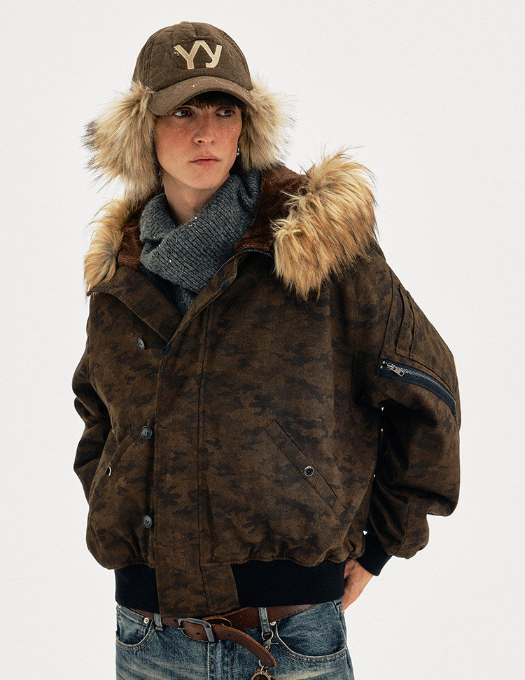 Distressed finish camouflage fur-collar jacket