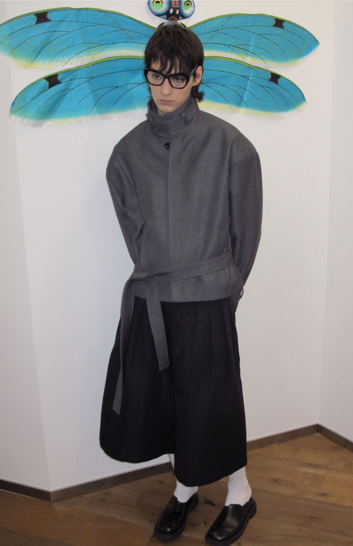 Stand collar Wool jacket with belt design