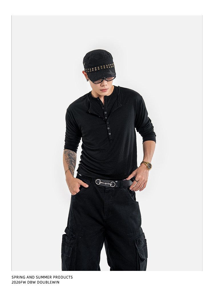 Faux Two-Piece Henley-Neck Shirt