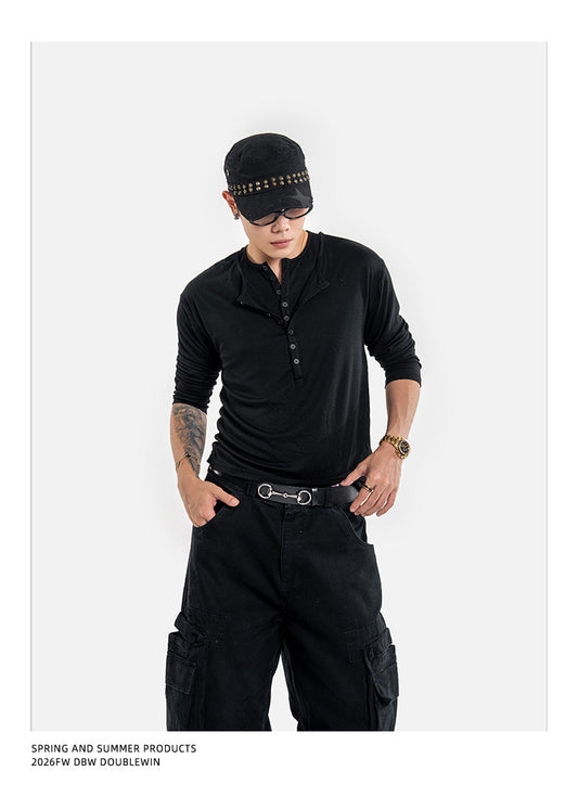 Faux Two-Piece Henley-Neck Shirt