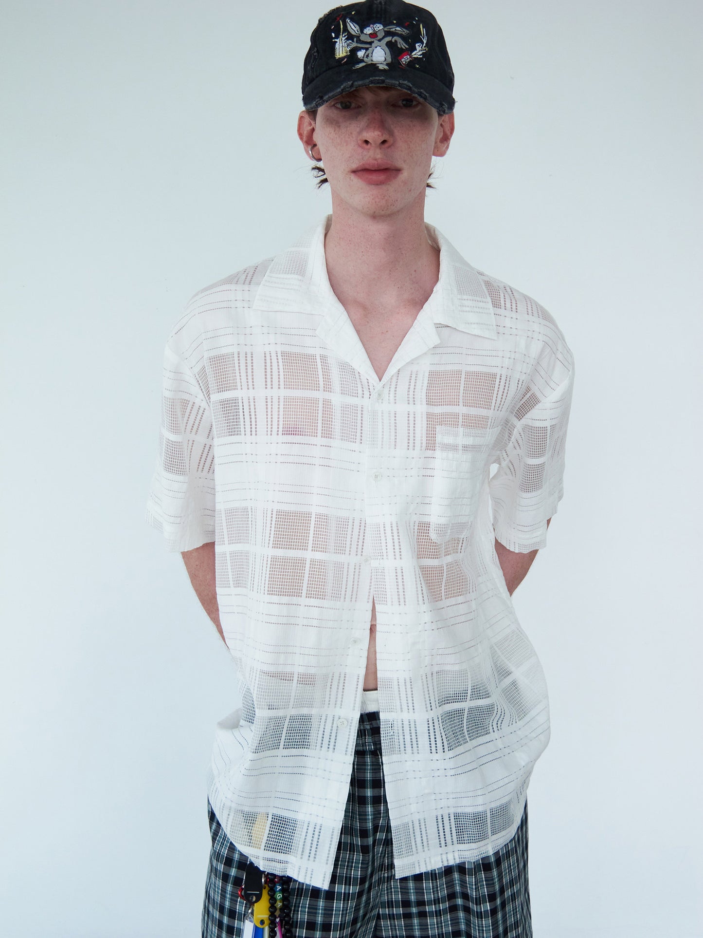 Checkered Cutout Cuban-Collar Shirt