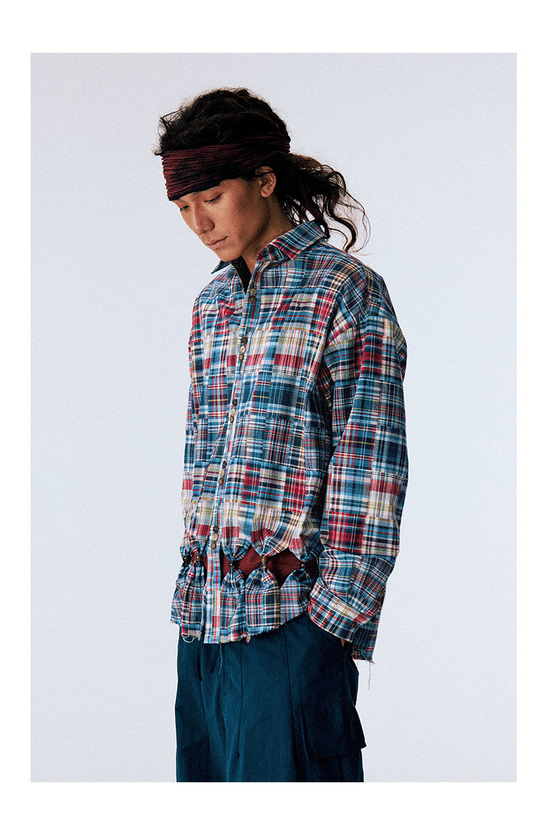 Patchwork Checkered Cut-Out Shirt