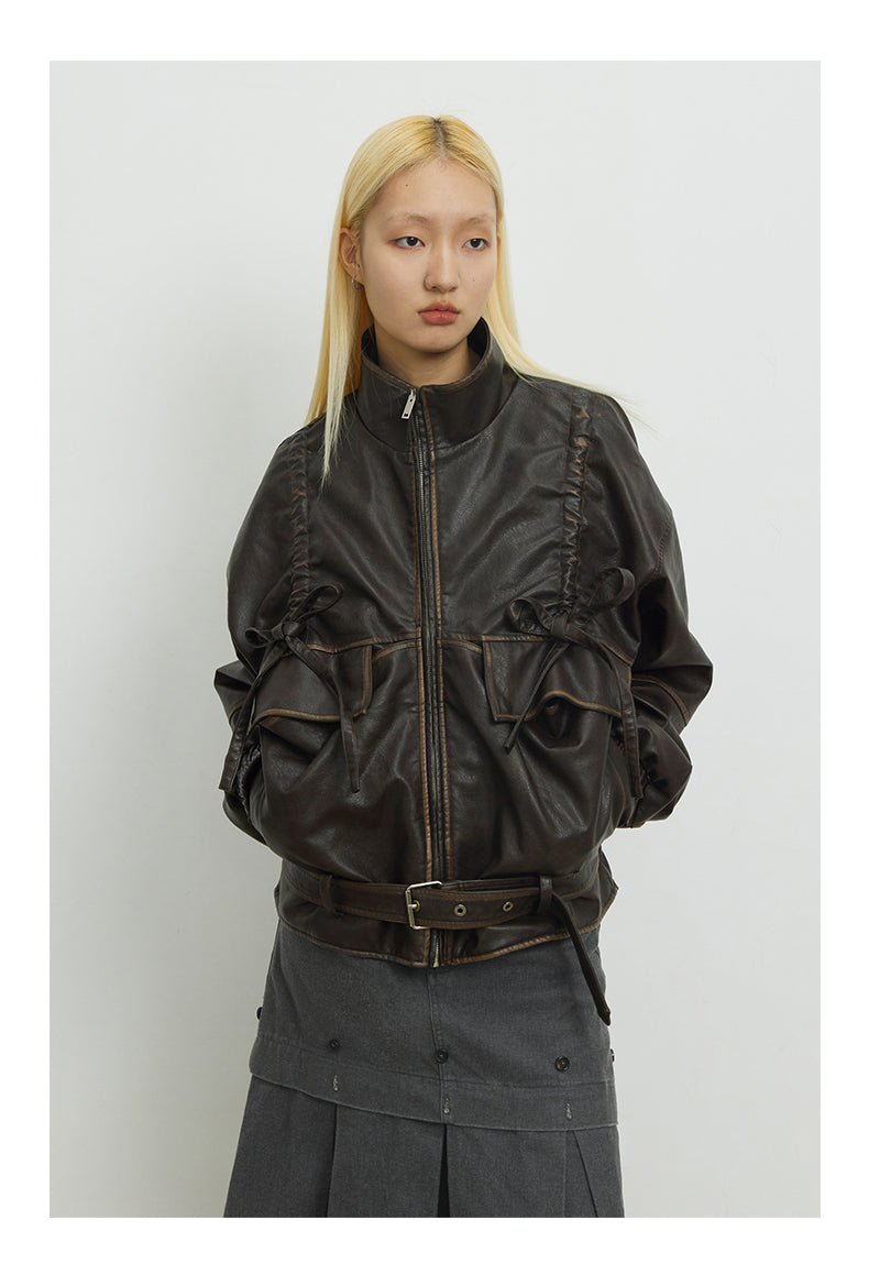 Ribbed knot silhouette leather jacket