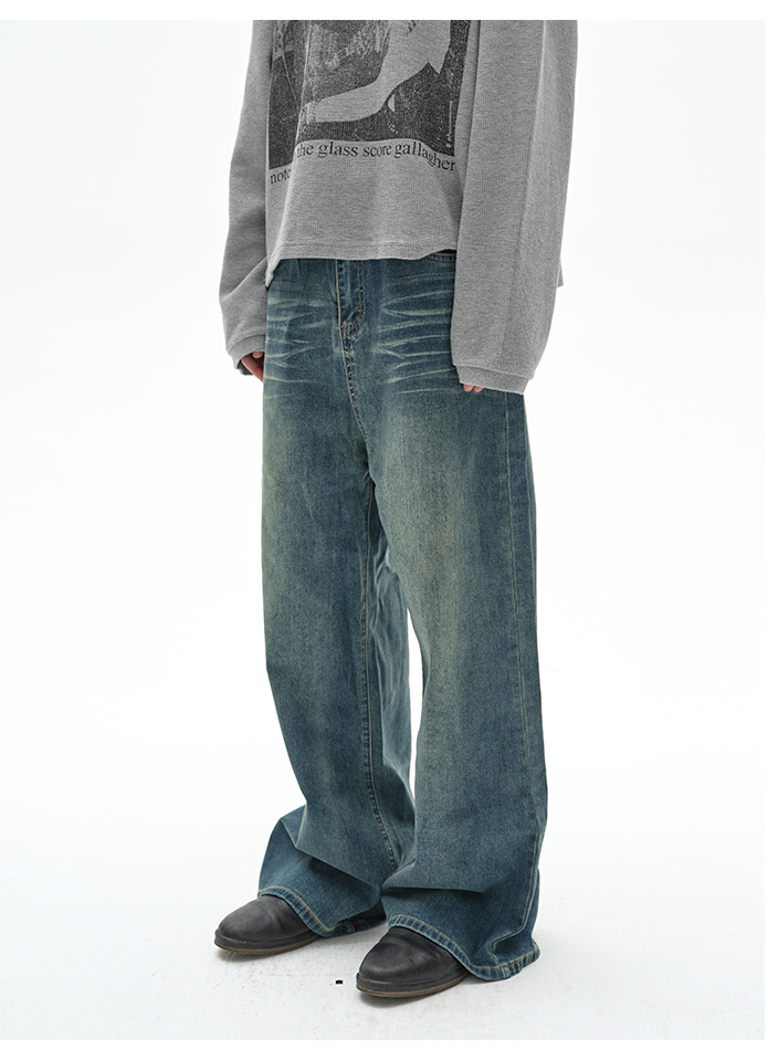 Washed damaged denim pants