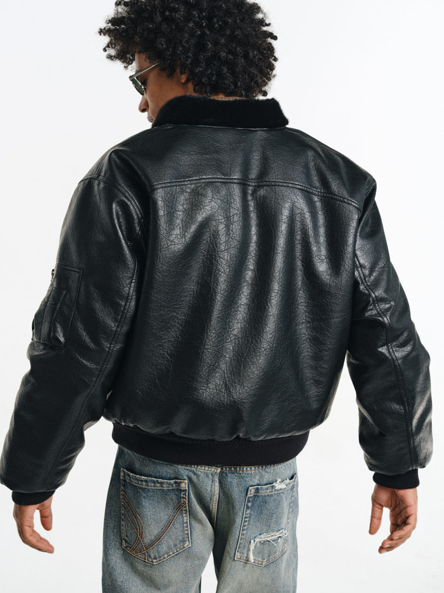 Stand collar faux leather jacket