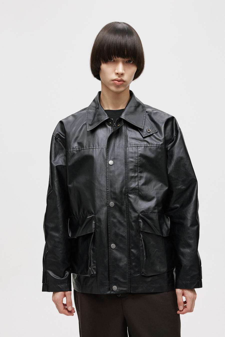 Imitation leather mid-length jacket