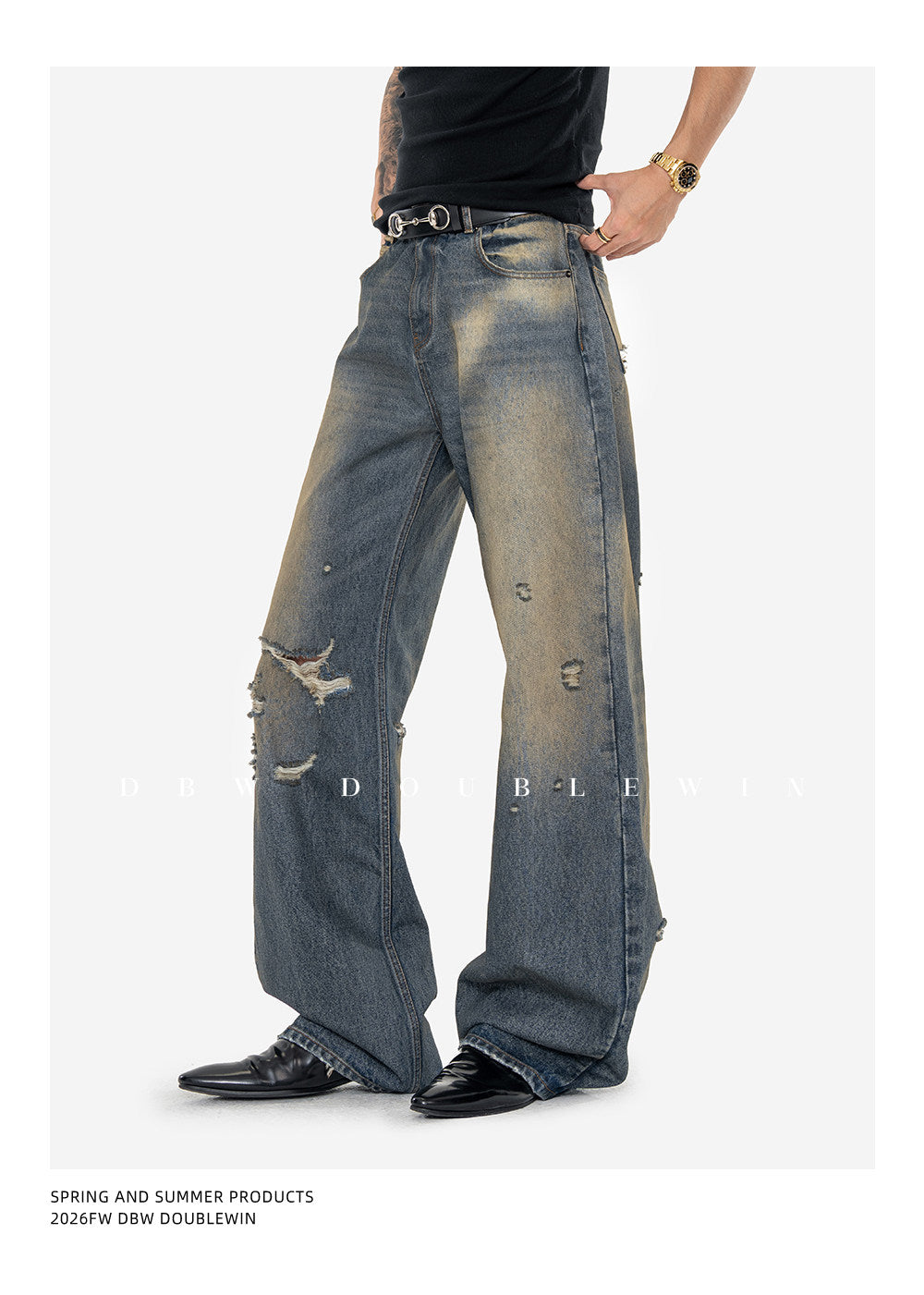 Retro Water-Washed Distressed Denim Pants