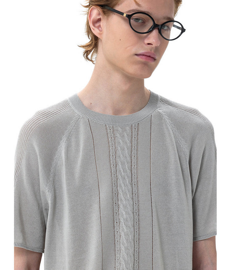 Linen-Lyocell Blend Openwork Knit Shirt