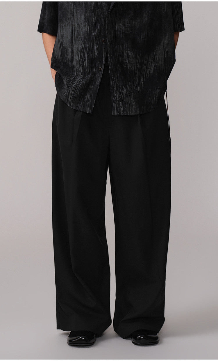 Loose-Fit Casual Pants with Double Pleats and Elastic Waistband