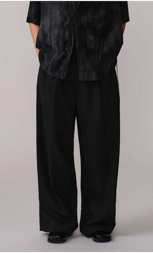 Loose-Fit Casual Pants with Double Pleats and Elastic Waistband