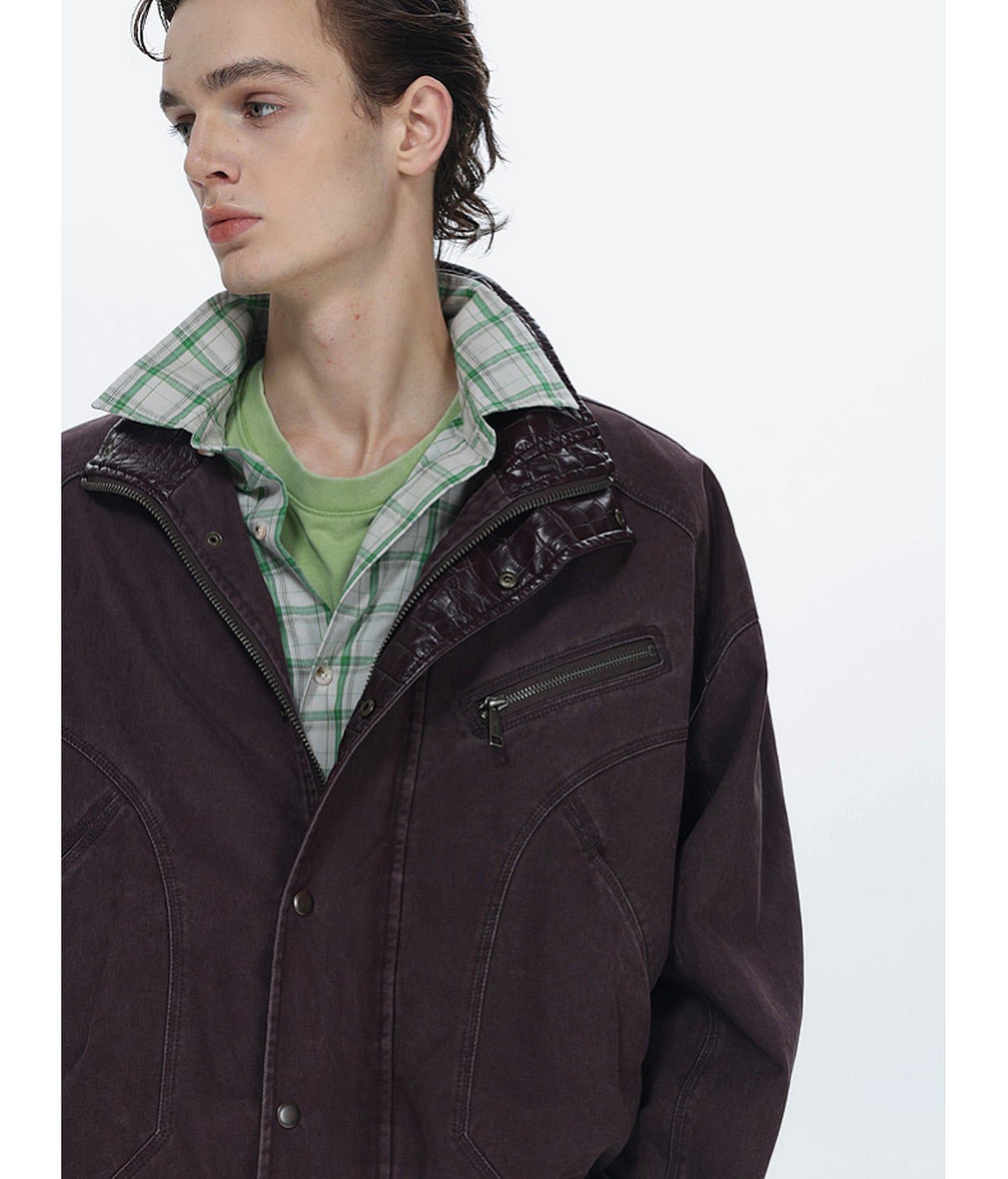 Faux Crocodile Leather Stand-Up Collar Jacket