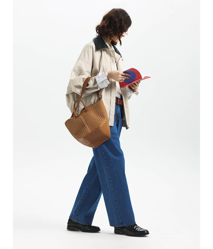 Water-repellent checkered leather lapel jacket