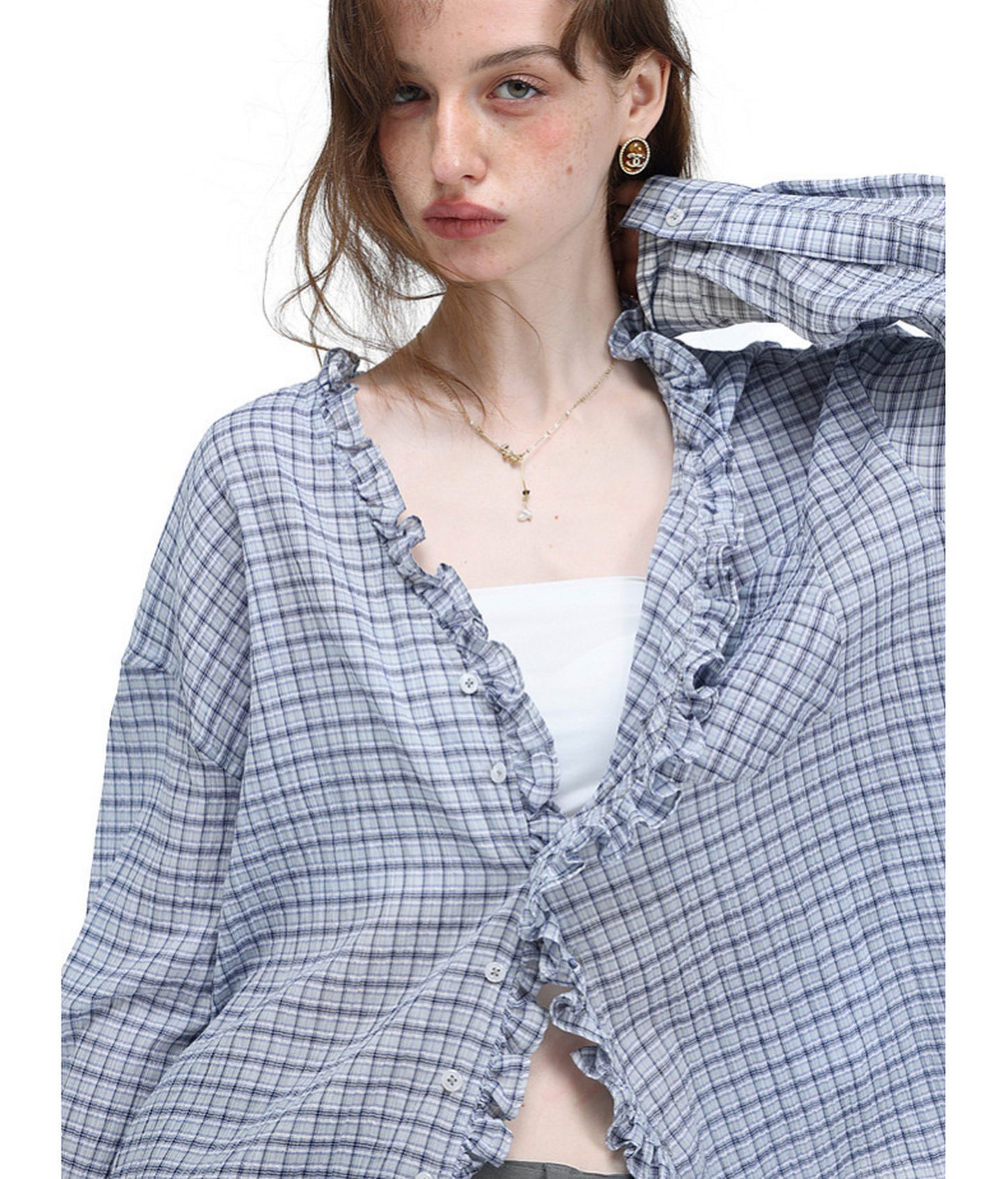 Textured V-Neck Checkered Shirt