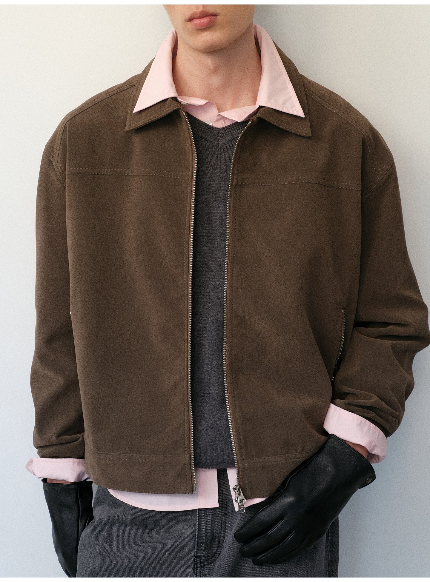 Short Box Jacket with Lapels in Faux Suede