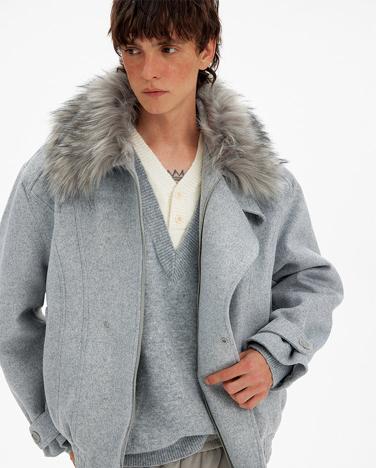Deconstructed Faux Fur Collar Coat