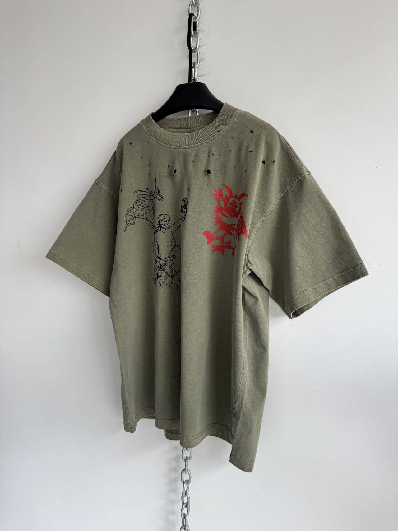 Distressed Print T-Shirt with Ripped Details