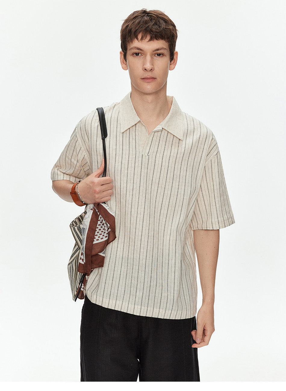 Cuban-Collar Striped Shirt