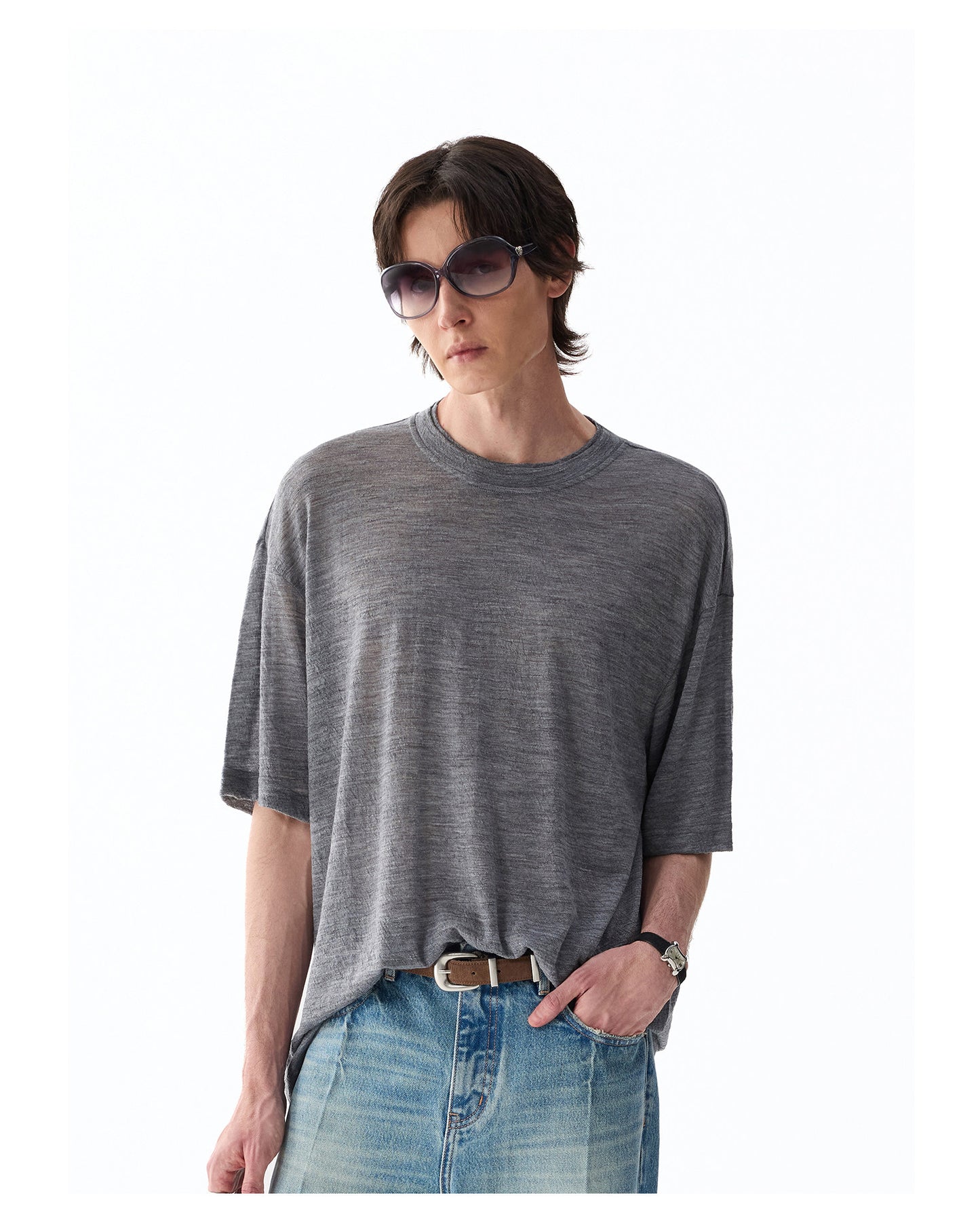 100% 울 이중 네크라인 티셔츠
