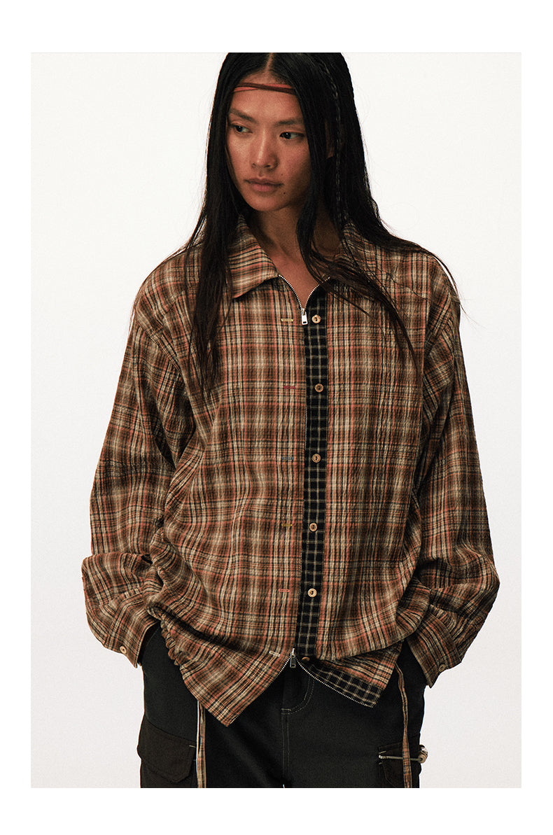 Checkered Zippered Drawstring Shirt
