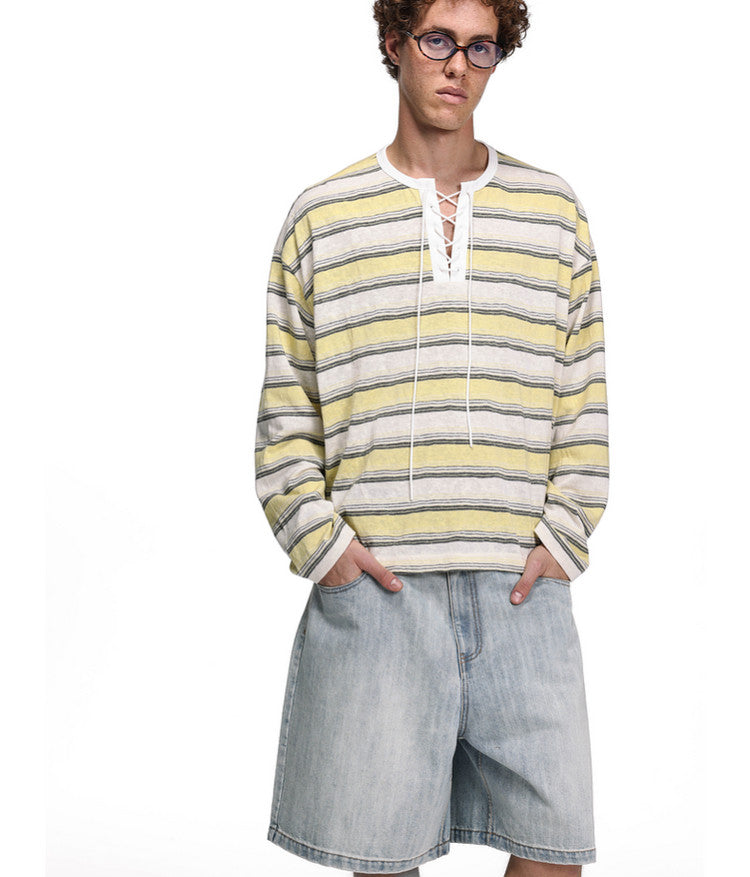 Drawstring Tie Henley Collar T-Shirt