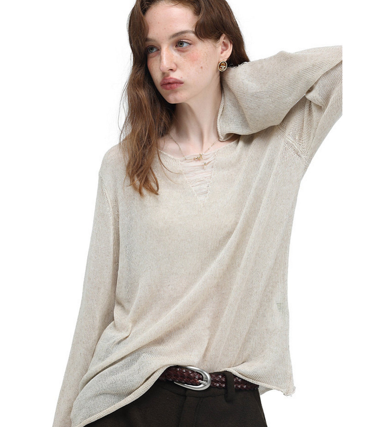 V-Neck Drawstring Lightweight Knit Shirt