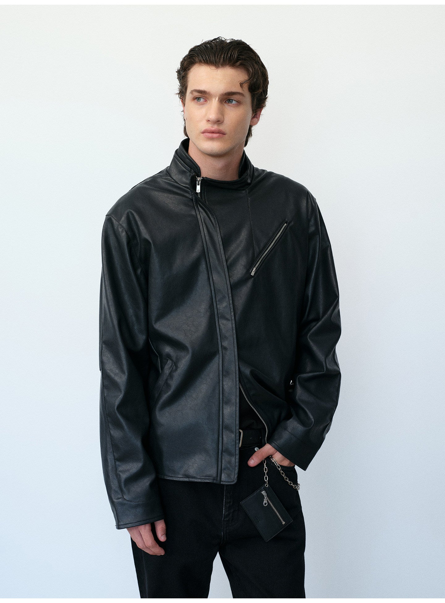 Microfiber-Leather Blend Stand-Collar Jacket
