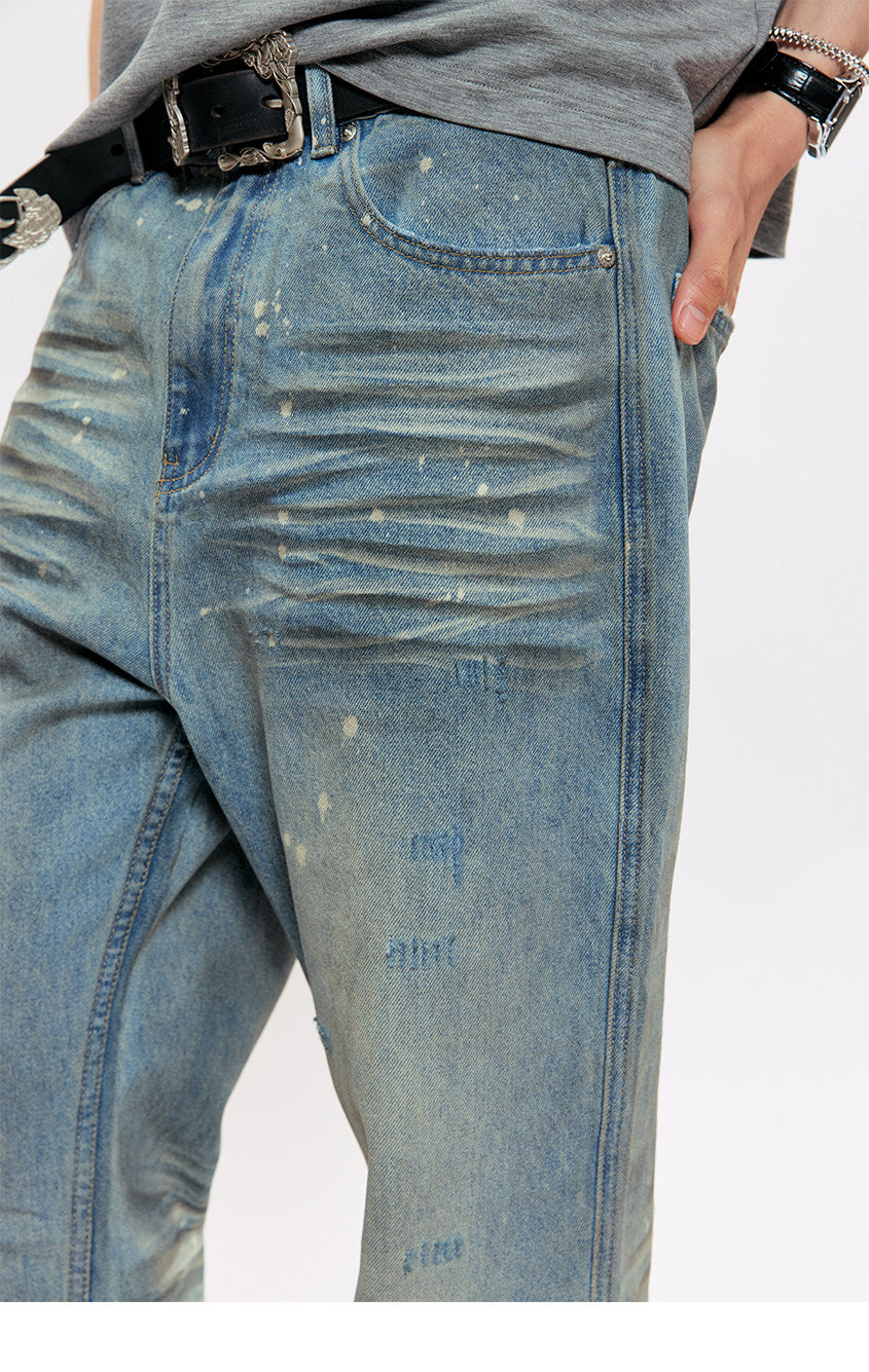 Hand-Painted Splatter-Print Flared Denim Pants