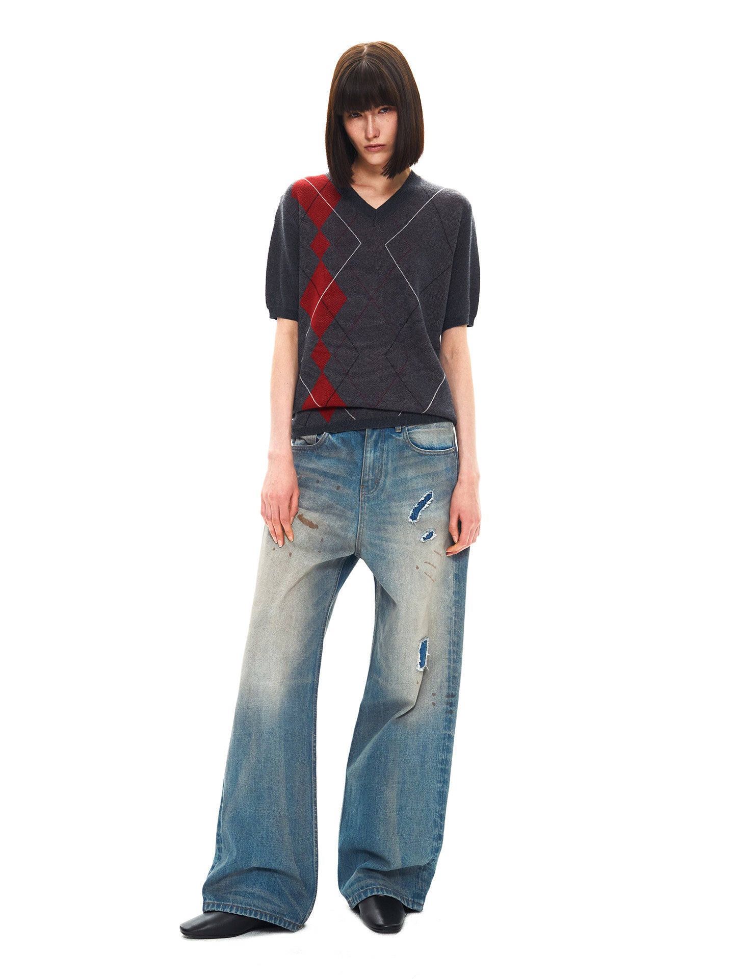 Double-Yarn Patchwork V-Neck Sweater