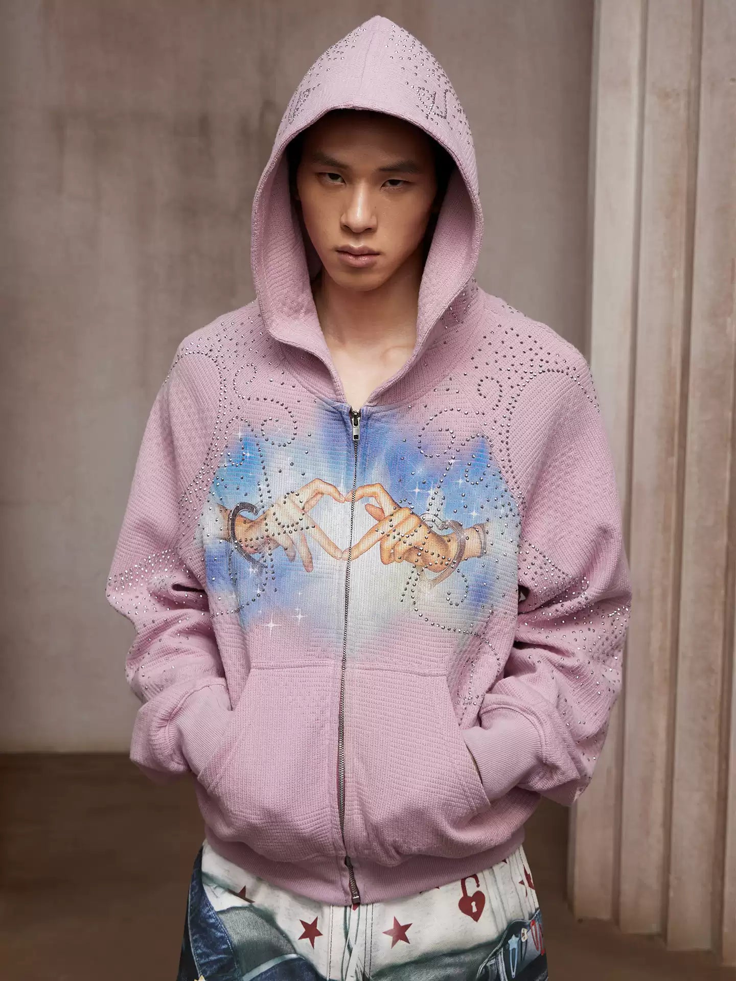 Rhinestone Heart Print Hoodie
