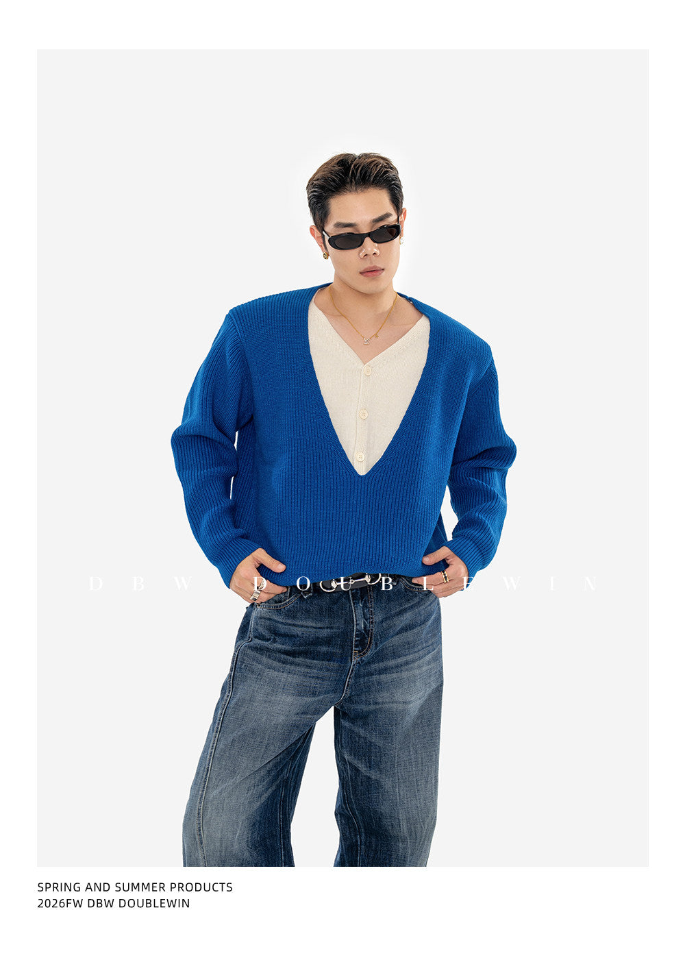 Faux Two-Piece V-Neck Knit Sweater with Shoulder Pads