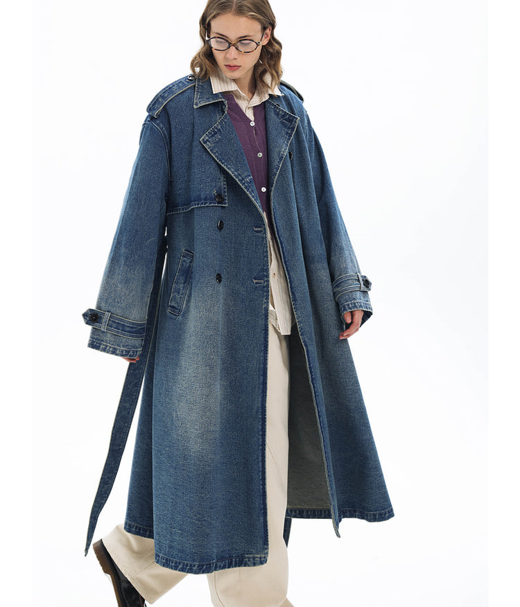 Double-breasted denim long coat