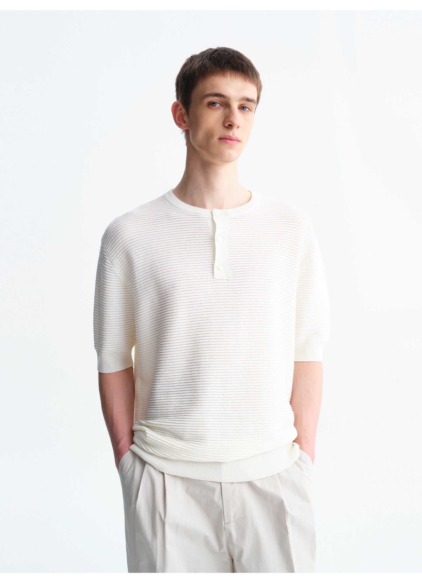 Henry-Neck Wool-Look Short-Sleeve Shirt