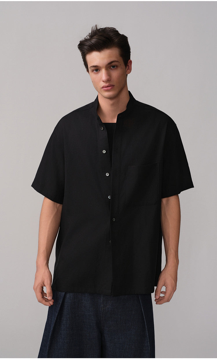 Casual Shirt with Stand-Up Collar and Pockets