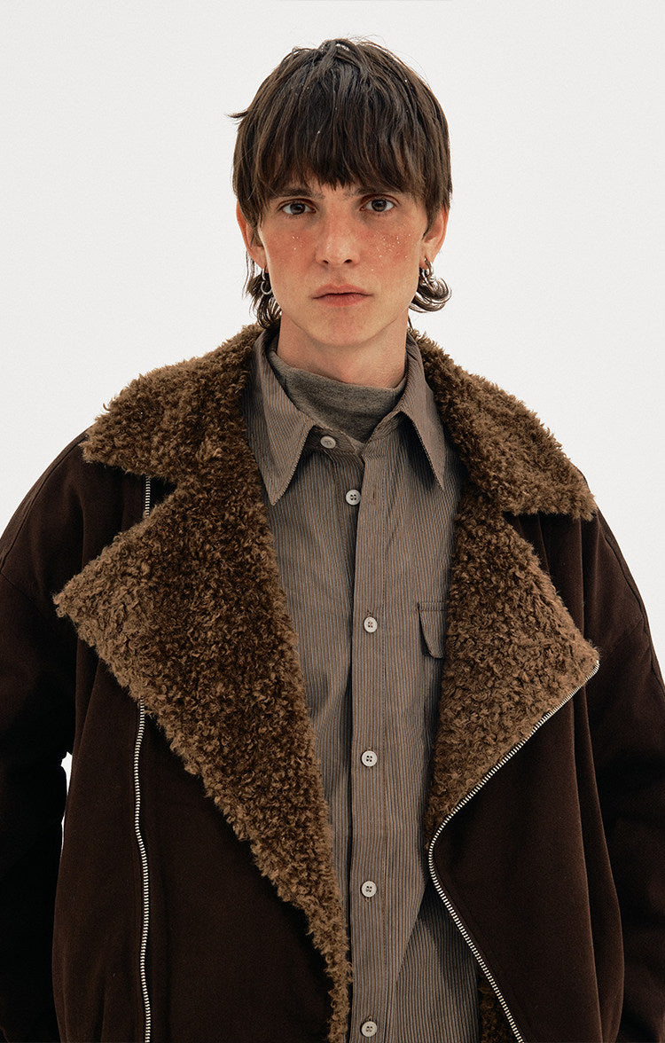 Diagonal Zipper Lambswool Collar Cotton Jacket