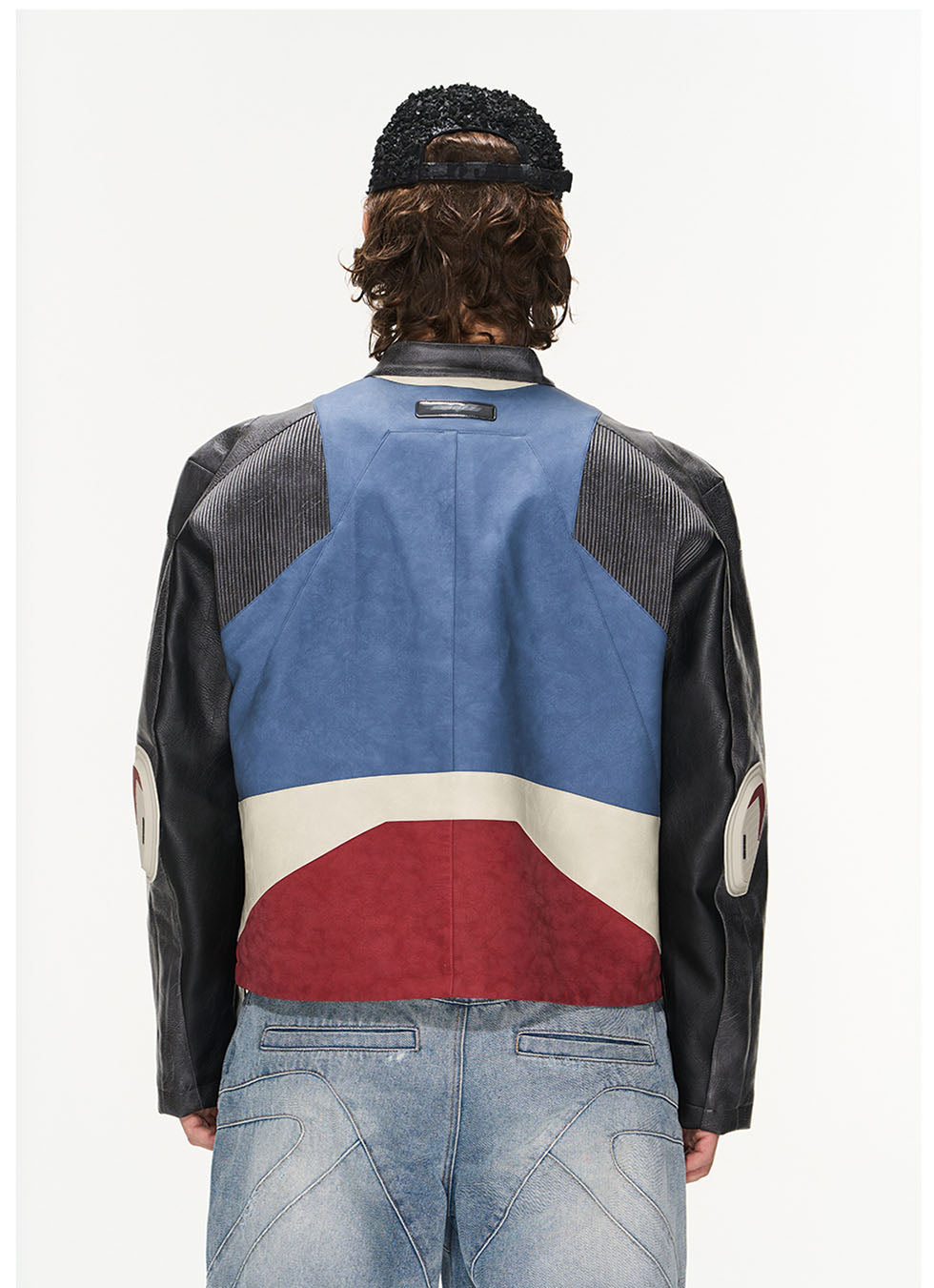 Colorblock Crushed Textured Leather Jacket