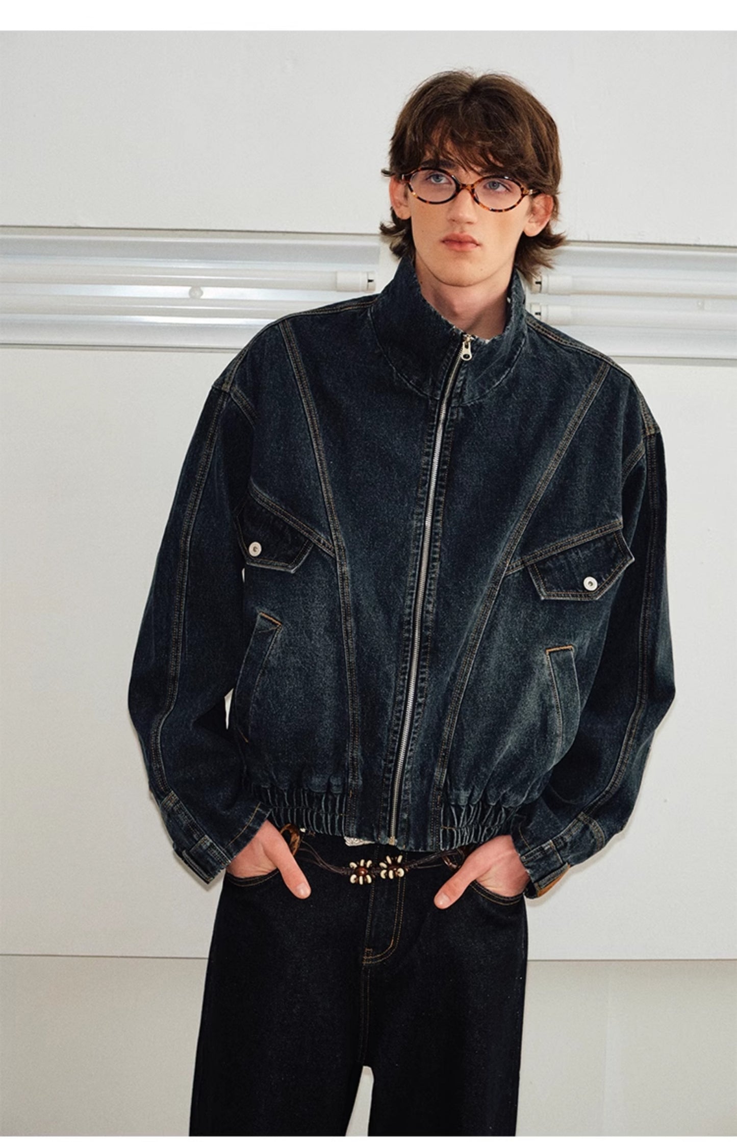 Washed Stand Collar Loose Denim Jacket