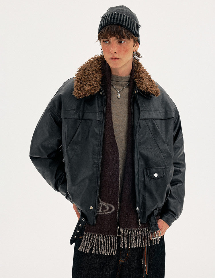 Detachable Fur Collar PU Leather Jacket