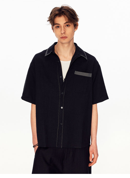 Contrast-Color Patchwork Linen Shirt
